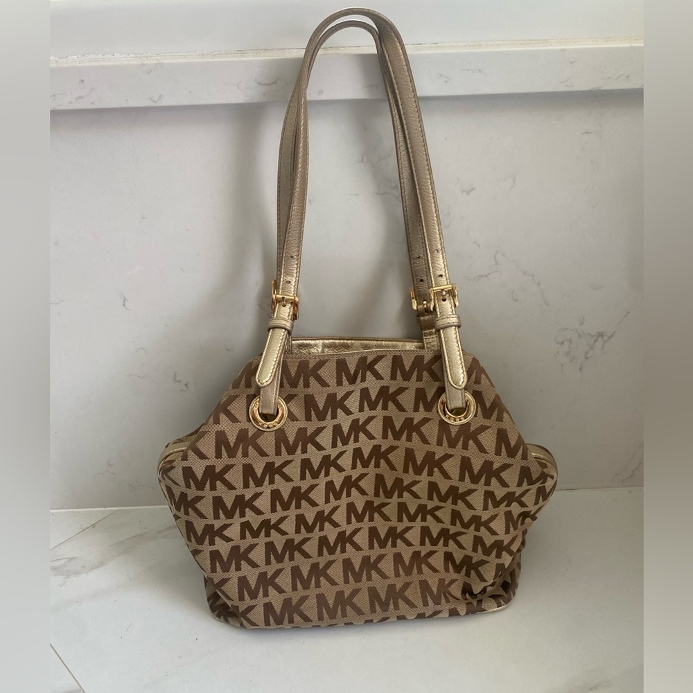 Michael Kors Brown and Gold Tote Bag with Signature MK Design - Picture 8 of 16
